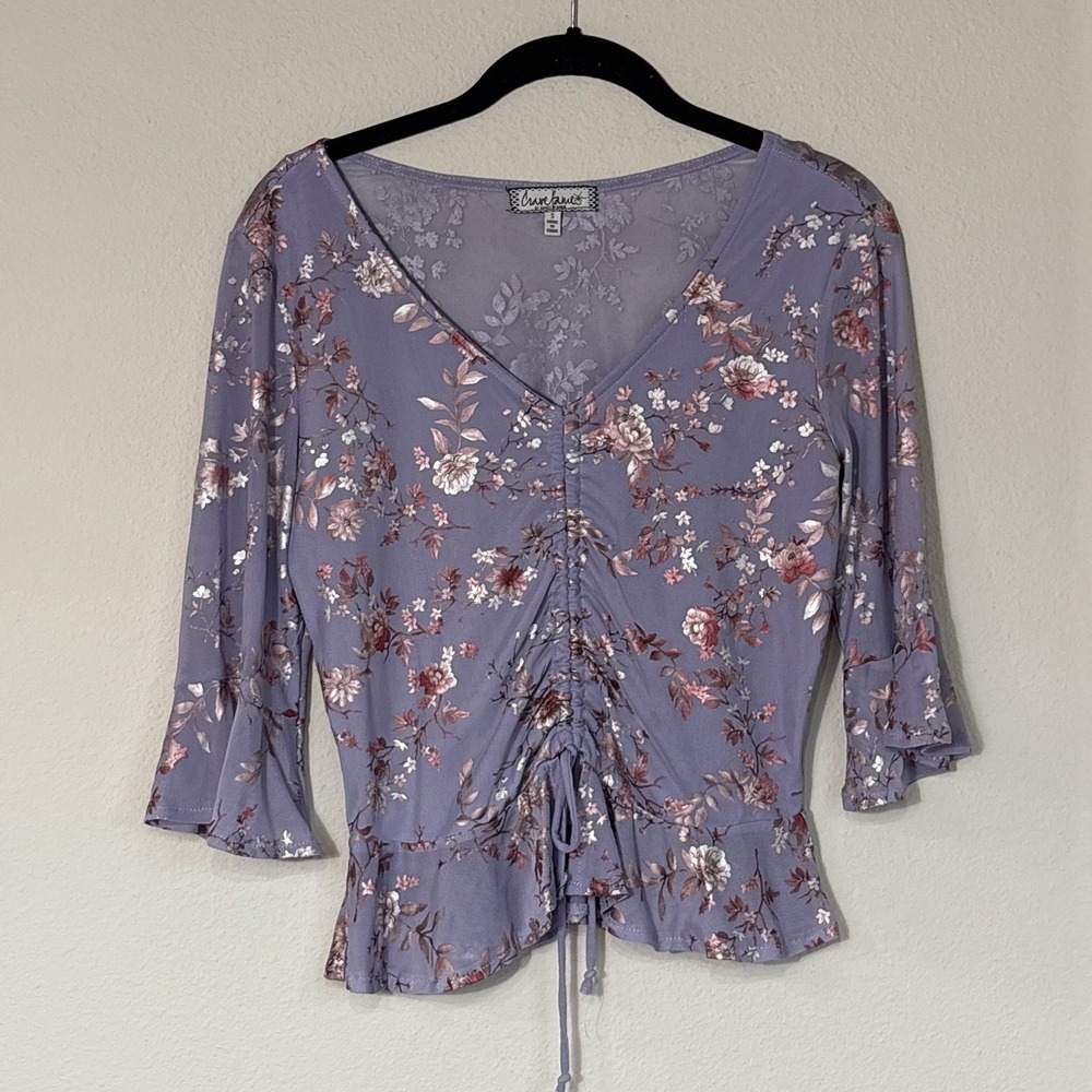Y2K Floral Ruched Top Womens Small Bell Sleeve Cottagecore Blouse Whimsy Fairy